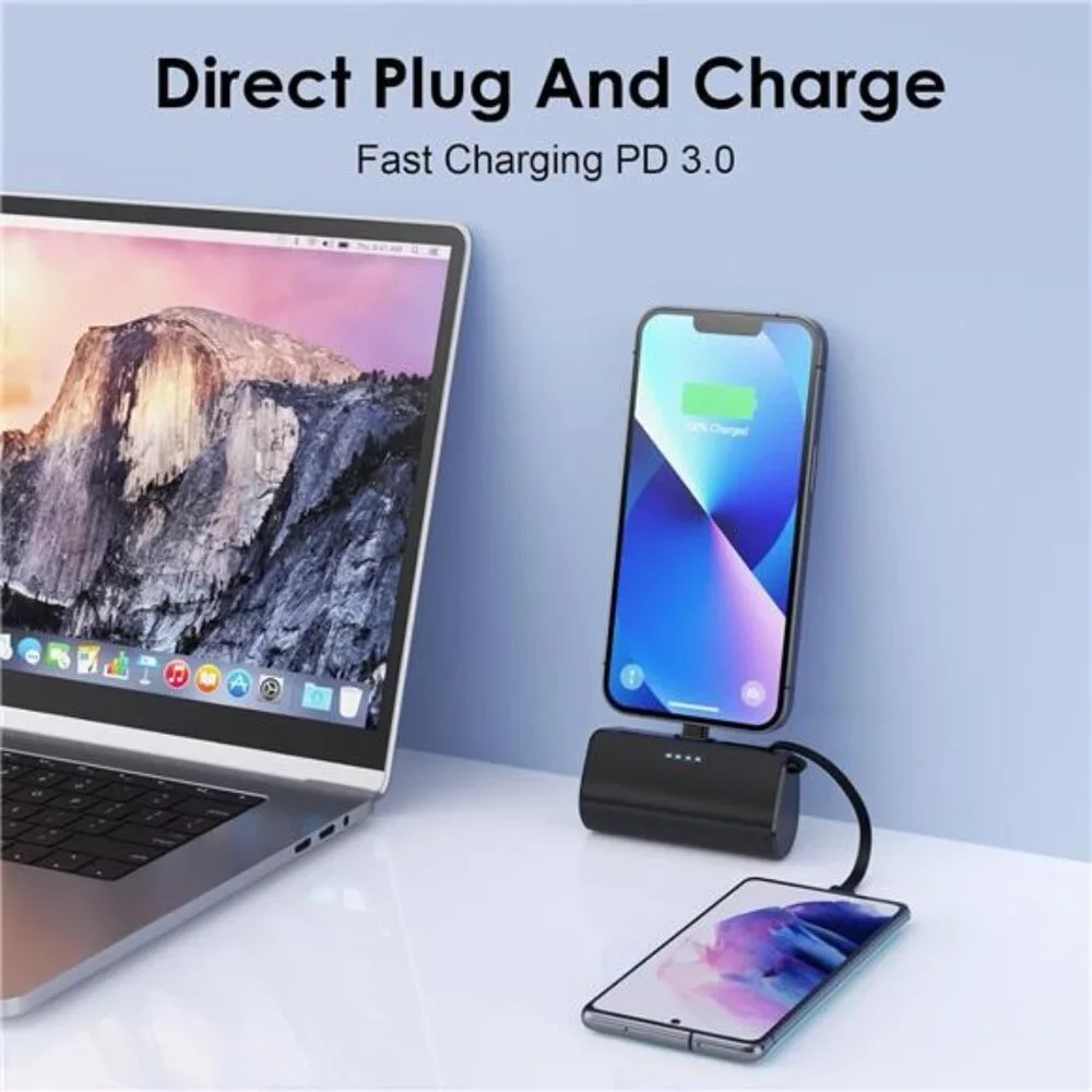 Small Portable Charger 5200 mAh Ultra-Compact Power Bank with Built-in Cable
